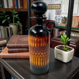 Eduardo Vega 10” Ceramic Decanter Geometric Eye Motif Retro Glaze MCM Signed